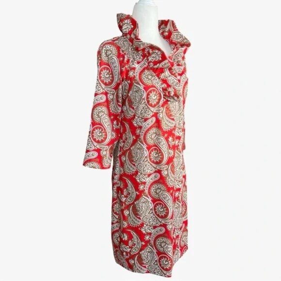 size M 8/10 NWT Gretchen Scott Ruffle neck Sheath Dress Plentiful Paisley Orange - Picture 7 of 12